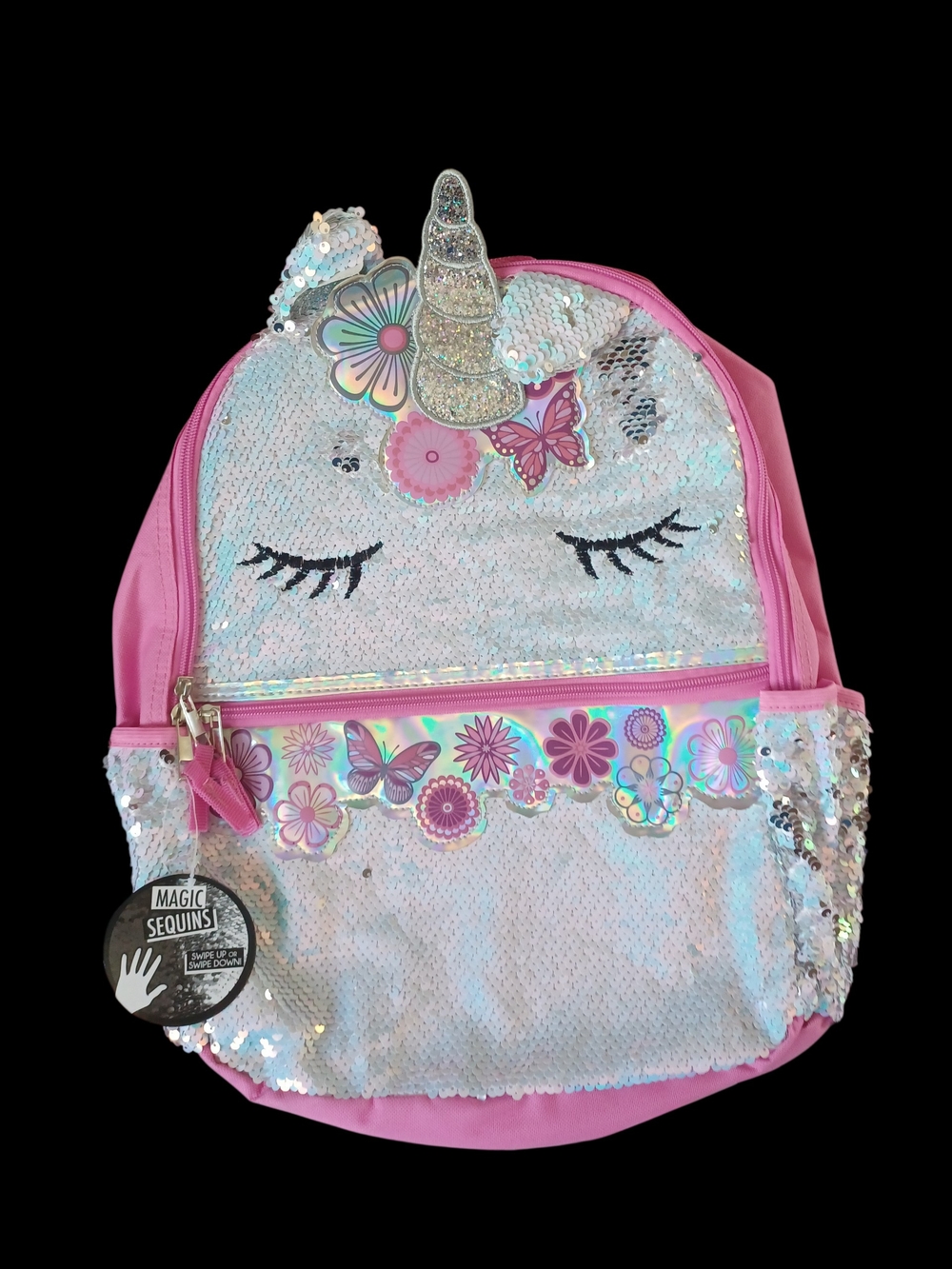 Kids Pink Sequin Unicorn Backpack with Floral Accents